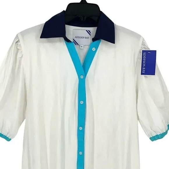 ADDISON BAY ISLE DRESS 100% Poplin Cotton White Blue Pipping Drop Waist Midi Sma - Picture 4 of 11